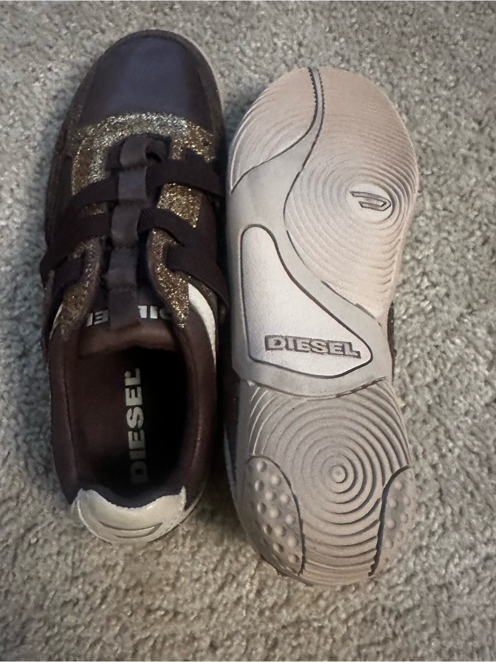 Diesel Motion Women’s Gold Sparkle Brown Leather Size 8 38.5 Shoes Sneakers - Picture 7 of 8